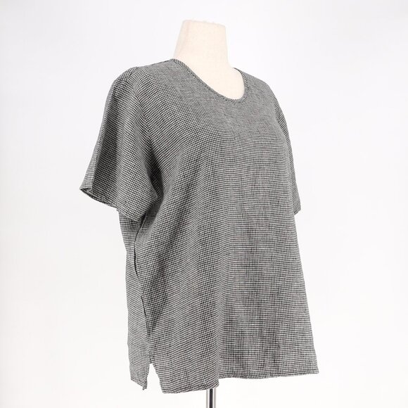 FLAX 100% Linen Gingham Micro-Check Short Sleeve Top Black/White Size M - Picture 2 of 6